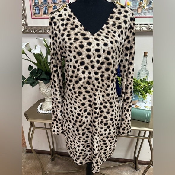 MICHAEL KORS Leopard Print V-Neck Long Sleeve Tunic/ Cocktail Mini Dress SZ M - Picture 2 of 8